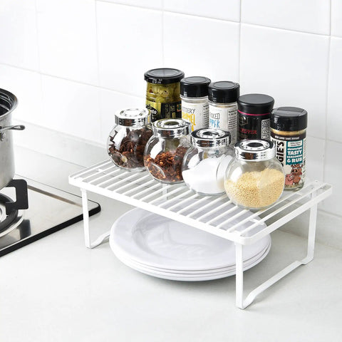 Stackable Metal Wire Racks For Kitchen Cabinets And Pantries Beat The Kitchen Chaos Easy Storage Solutions Heavy Duty Steel Organizer Shelves Set Of Two Straight Up Durable Countertop Setup White Finish with jars and spices.