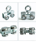 Four Wheel Trolley Rollers for Unistrut and Superstrut Channel Systems, heavy duty load bearing, galvanized steel, silver.