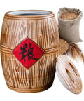 Solid Ceramic Rice Bucket Jar With Lid, Airtight Food Storage Crock For Grains Snacks Coffee Beans Dispenser, wooden design
