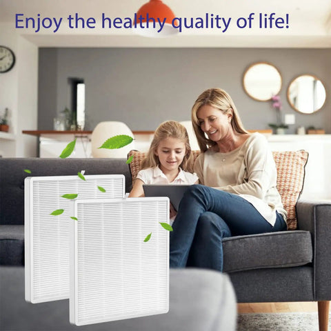 Mother and daughter with E300L True HEPA Replacement Filter 2 Pack for MOOKA Air Purifier in living room