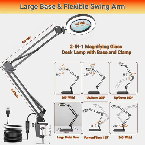 Real Glass Magnifier With Light And 15X Magnification, Pro Grade 72 LED Illumination, swing arm, base with clamp, lamp angles