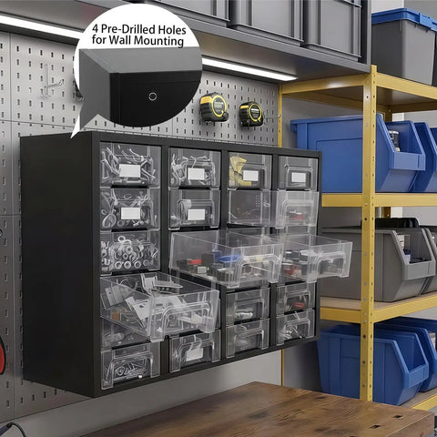Nut And Bolt Organizer Cabinet With 24 Clear Drawers And 48 Adjustable Dividers For Screws, Fasteners, Washers And Small Parts, wall mounted