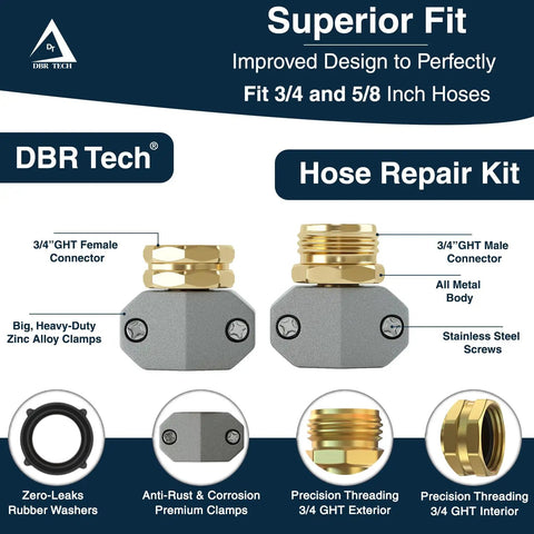 Garden Hose Repair Kit for Quick Leak Fix on Three Quarters and Five Eighths Inch Hoses, Easy No Tool Installation, Durable Brass Fittings