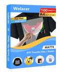 Box containing DTF Transfer Film Paper Set 100 Sheets A4 Double Sided Thick Clear Pretreat Sheets PET Heat Transfer Paper for printers