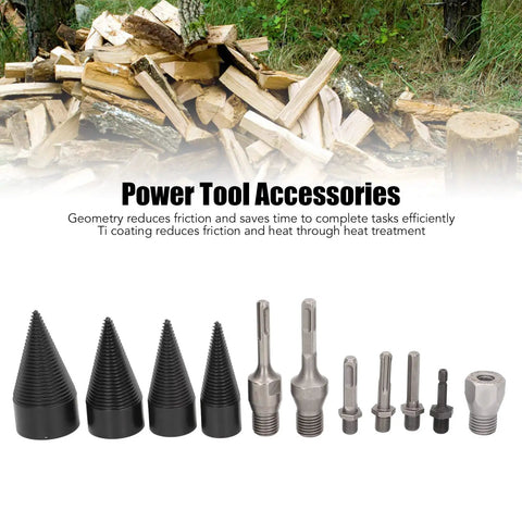 Tough As Nails 11 Piece Firewood Splitting Drill Bit Set With Heavy Carbon Steel Cone Bits in various sizes for power drills.