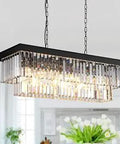 Rectangular Crystal Chandelier For Dining Room And Kitchen Island, Black Modern Pendant Light Fixture, Long Two Tier K9 Crystals