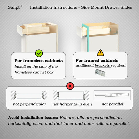 Installation instructions for 18 Inch Soft Close Drawer Slides Set Of 6 Pairs 12 Pieces Full Extension Side Mount Ball Bearing Quiet Glide