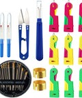 Must Have 46 Piece Sewing Tools Kit With 9 Automatic Needle Threading Devices 30 Self Threading Needles 3 Seam Rippers 2 Thimbles Sewing Scissors And Velvet Bag For Quick Easy Hand And Machine Sewing On The Go, showing various colorful tools and threaders.