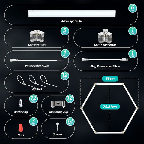 Parts and assembly diagram for Hexagon LED Garage Light 42W 6500K Ultra Bright Ceiling Fixture.