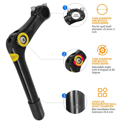 Diagram showing Beefy Black Adjustable Quill Stem 25.4mm Clamp Aluminum Alloy Bike Stem with details on tube diameter and angle.