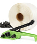 Heavy Duty Manual Banding Strapping Kit Featuring 985 Feet Of 3/4 Inch Woven Cord And 200 Phosphated Metal Buckles, with tensioner.