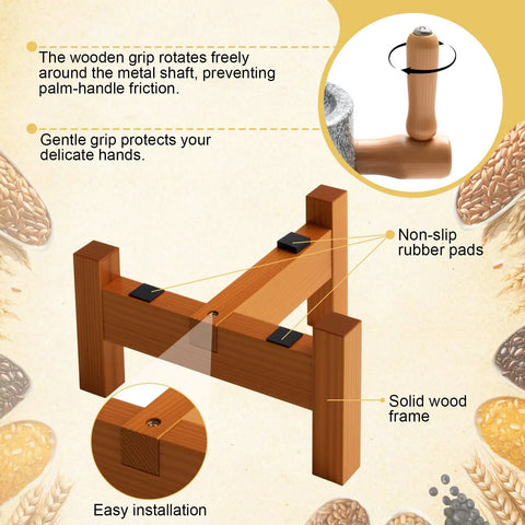 Diagram of wooden base details for Stone Grain Mill Grinder For Home Use With Hand Crank And Solid Wood Base