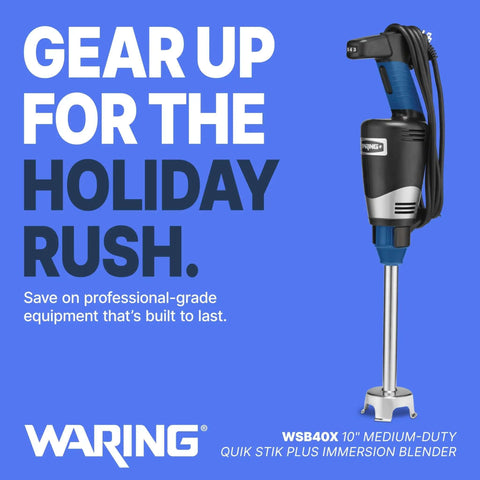 Pro Kitchen Workhorse Immersion Blender With Rock Solid Variable Speed And A Versatile 10 Inch Stainless Shaft That Blends Soups Purees And Sauces Straight Up Smooth For Busy Restaurant Crews, shown in a blue background.