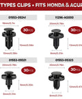 Honda Acura 4 Types Clips Kit with Dimensions and Counts 01553-09241 01553-09321 11296-AG000 01553-05323 30 Pieces Each