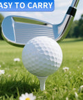 Golf ball on custom wooden tee with "Easy to Carry" label in field, showcasing Personalized Tees Printed With Your Name Or Text Logo.
