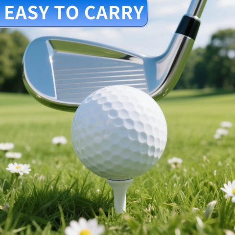 Golf ball on custom wooden tee with "Easy to Carry" label in field, showcasing Personalized Tees Printed With Your Name Or Text Logo.