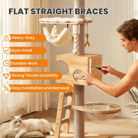 Person installing Heavy Duty 5 Inch Stainless Steel Mending Plate Flat Brace For Wood And Furniture Repair White Finish Durable Corner Connector Brackets For Bed Frames Shelves And Joints on wooden cat furniture.
