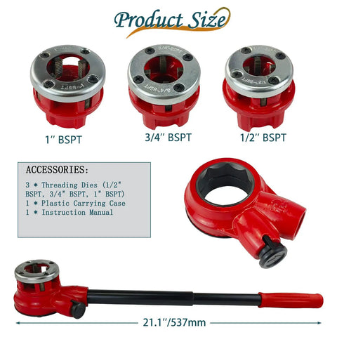 Heavy Duty Pipe Threader Ratchet Kit With BSPT Dies In Half Inch, Three Quarter Inch And One Inch Sizes, Manual Pipe Threading Tool Set