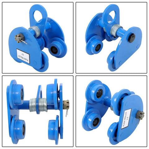 Beefed-Up 1 Ton Dual-Wheel I-Beam Trolley With Adjustable Width, Heavy Duty Steel Roller Hoist, Manual Push, Dual-Track Rigging System, 2200 LBS Capacity For Easy Lifts And Snug Fit, shown in various angles highlighting blue steel construction.