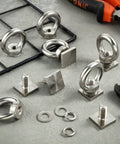 Six Piece M8 T Slot Bolt Kit With Heavy Duty Eye Bolts And T Track Mount Anchors, 304 stainless steel components on table