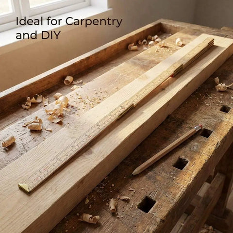 Foldable Wood Ruler 6 Ft 6 In With US And Metric Measurements on a workbench with pencil and wood shavings, ideal for carpentry.