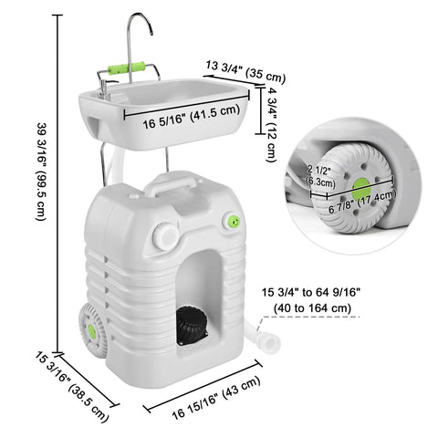 No Sweat 12 Gallon Heavy Duty Portable Hand Washing Station dimensions, sink with foot pump and wheels for easy transport.