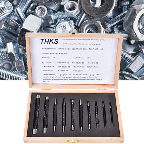 10 Piece Thread Plug Gauge Set For Nut And Bolt Threads Double End Imperial Thread Checker Hand Tool Pro Grade Quick And Accurate Major And Minor Diameter Checks in open wooden case on background of screws and bolts.