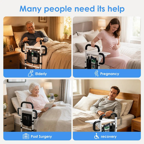 Elderly and pregnant woman using Heavy Duty Bed Rail For Elderly Safety With Dual Handles, Adjustable To 600 Lbs