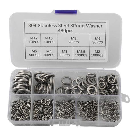 Spring Lock Washers Set 304 Stainless Steel 480 Piece Kit M2 Through M12 Anti Loosening Hardware For Bolts Screws Automotive Repair Projects with labeled case