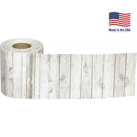 White Wood Rolled Border Trim 50ft For Bulletin Boards And Classrooms shown unrolled with USA flag icon