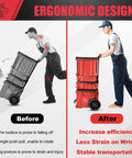 Before and after comparison of Milwaukee Packout Caster Wheel Kit with front wheels for rolling toolbox, showing ergonomic design benefits.