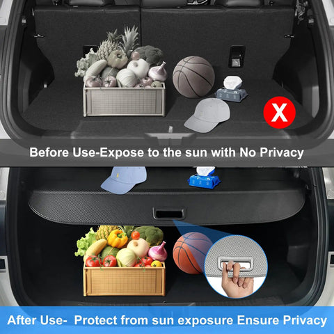 Before and after use of Retractable Cargo Cover For Subaru Crosstrek 2024 2025 2026, showcasing trunk privacy shade screen effect.