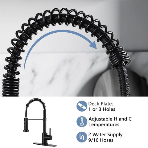 Kitchen Faucets With Pull Down Sprayer Single Handle Fit 1 Or 3 Hole Deck Plate Setup Farmhouse Style Spring Sink Faucet For RV Vessel Basin Matte Black Finish Easy DIY Install Hoses Included