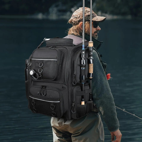 Angler wearing All Weather Fishing Backpack With Rod Holders And Tackle Storage, Heavy Duty Waterproof Oxford Bag with side pockets.