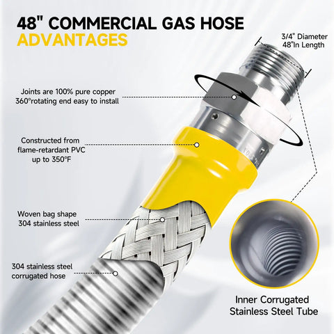Three Quarter Inch Gas Hose 48 Inch Long Safety System Kit For Commercial Kitchens With Quick Disconnect Full Bore Valve Elbows Restraint Cable And Fittings for Easy Mobile Gas Line Setup showing features.