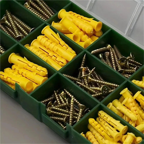 Heavy-Duty 180-Piece Self-Tapping Anchor Kit With Plastic Expansion Tubes And Cross Screws No-Prep Install Yellow Zinc Plated Carbon Steel Drywall Anchors For Strong Wall Mounts. Open organizer with yellow anchors and screws
