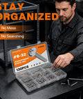 Person organizing 130 Piece Eight Thirty Two Machine Screws Assortment Kit With Phillips Pan Head Bolts In Three Oh Four Stainless Steel