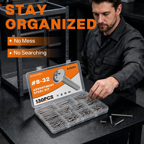 Person organizing 130 Piece Eight Thirty Two Machine Screws Assortment Kit With Phillips Pan Head Bolts In Three Oh Four Stainless Steel