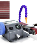 Heavy Duty Wet Bench Sander And Electric Knife Sharpener With Polishing Wheel And 10 Sanding Belts Featuring LCD Screens For No Sweat Wood Metal And Plastic Prep And Finishes showing sharpener with sanding belts and water tube.