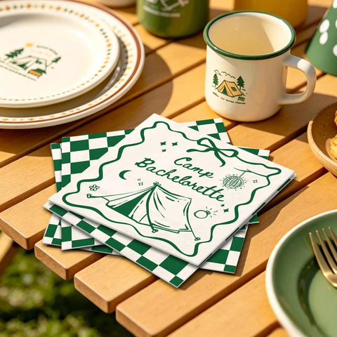 50 Pcs Camp Bachelorette Party Cocktail Napkins 3 Ply Disposable Paper Napkins Beige And Green Plaid Checkered Design