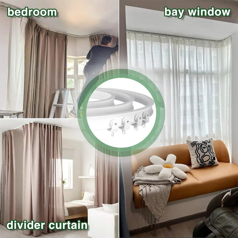 Flexible Curtain Track 10 Ft For RV And Home Use, Bendable Ceiling Curtain Rail System, Curved Shower Curtain Track For Corner Bathrooms, White Ceiling Mount Shower Rod, DIY Friendly Install, Perfect For Tight Spaces installed for bedroom and bay window curtains