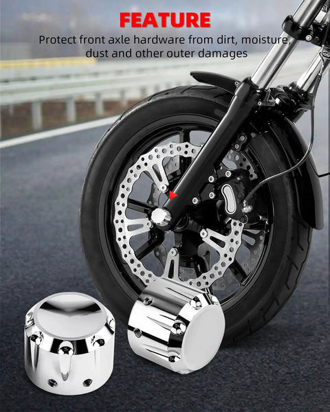 Chrome Front Axle Nut Covers for Harley Davidson Touring Dyna Sportster Softail Electra Glide Street Glide Road Glide Models 2002 To 2024 For A Clean Look And Easy Bolt On Fit installed on motorcycle axle.
