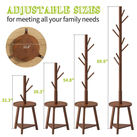 Four height options of Freestanding Bamboo Coat Rack With Two Shelves And Eight Hooks, Easy Assembly, 12.6 Inch Storage Tray.