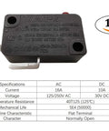Microwave Oven Door Switch Replacement Part 16A 125VAC Normally Open KW3AT-16 with specifications table, 1 pack