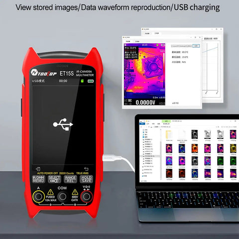 Pro-Grade Thermal Imaging Camera With Macro Lens displaying thermal data on screen connected to laptop via USB.