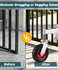 Before and after comparison of Built Tough Eight Inch Heavy Duty Fence Gate Wheels Featuring Spring Loaded Pivoting Rollers.