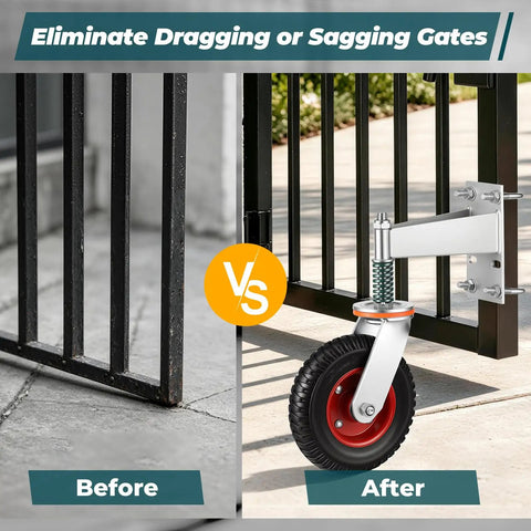 Before and after comparison of Built Tough Eight Inch Heavy Duty Fence Gate Wheels Featuring Spring Loaded Pivoting Rollers.