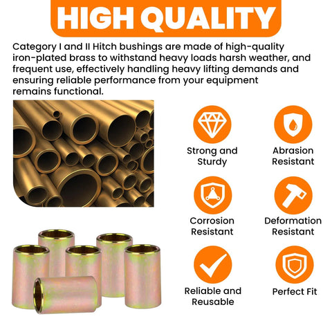 Zookpr 6-pack universal lower lift arm bushings for Cat II to I hitch systems, gold-colored metal (6 pcs)