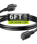Heavy Duty 16 Gauge 6 Ft Indoor Extension Cord With 3 Prong NEMA 5-15P To 5-15R, 13A 125V 1625W, Pure Copper Conductors, ETL Listed