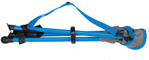Ultralight Tri Leg Camping Stool With Powder Coated Steel Frame For Maximum Stability, folded with strap, Gray Ocean color.